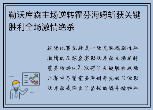 勒沃库森主场逆转霍芬海姆斩获关键胜利全场激情绝杀